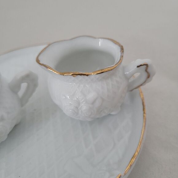 Micro Porcelain Tea Set Display White Gold Trim Tea Party Dollhouse Mini Size - Picture 5 of 8